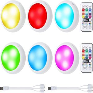 Éclairage LED coloré en forme de disque, 6 pièces, éclairage sans fil à intensité variable sous l'armoire, éclairage sous le comptoir avec télécommande pour la cuisine - Product Image 1