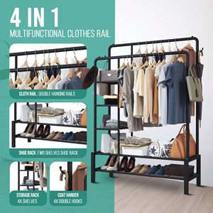 SENYU Double Rods <b>Clothing</b> <b>Rack</b> with 2 Bottom Shelves & 4 Side Shelves - Product Image 3