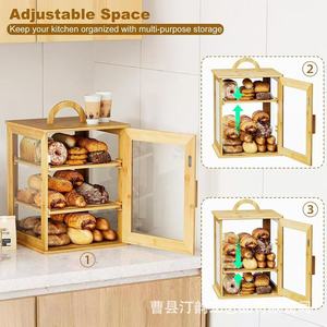 Bamboo and wood bread box, solid wood <b>kitchen</b> countertop baking bread storage box, double-layer bread organizer box, acrylic - Product Image 5
