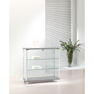 Modern Glass Display Cabinet 95Cm Light <b>Grey</b> Aluminium <b>Frame</b> With Lockable Door And Adjustable Shelves For Living Room - Product Image 1