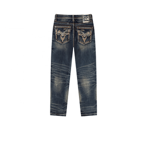 Jean en <span class=keywords><strong>denim</strong></span> déchiré pour homme, coupe droite, broderie à points épais, taille mi-haute, en coton, style décontracté, pour l'automne - Product Image 4