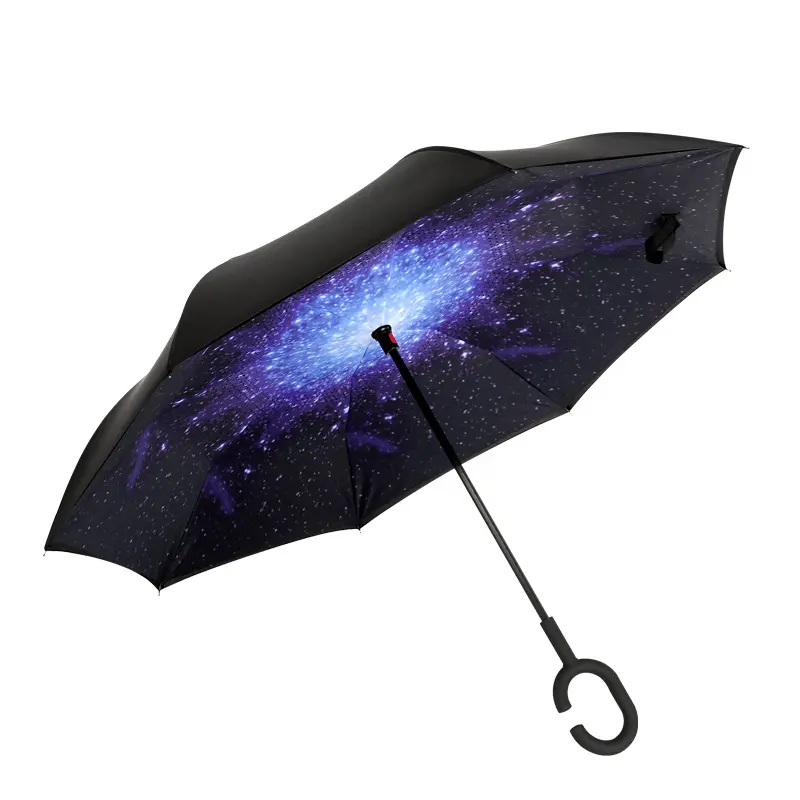 Manual Open Standing 23 Inch Double Layer C Handle Starry Sky Printing Inverted Umbrella For Car