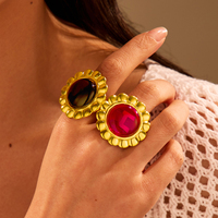 Ensemble de bijoux classiques en acier inoxydable or 18 carats, agate rouge noire vintage, contour de fleur, grosses boucles d'oreilles et bague