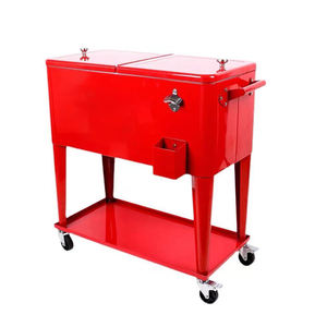 Camping 80QT/75L Enfriador de bebidas de metal portátil móvil Logotipo personalizado al aire libre Carro enfriador de botellas rojas con ruedas - Product Image 2