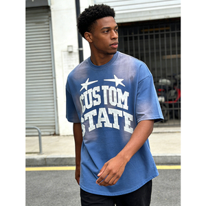 Applique Embroidery OEM Custom Print Boxy Fit 100% Cotton Oversized Vintage <b>Cropped</b> Hem Streetwear <b>Men's</b> T-shirt - Product Image 2