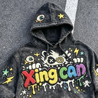 Sweat à capuche oversize délavé à l'acide, broderie chenille multicolore, appliqué graphique de dessin animé, patch œil au poignet