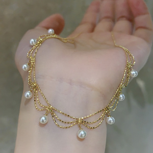 18K oro sólido real uso diario ligero lujo duradero 3 capas cuentas perla <span class=keywords><strong>encaje</strong></span> fino mujeres encanto collar AU750 - Product Image 3