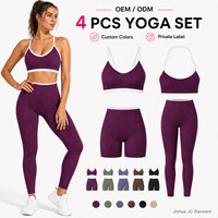 Ensemble de yoga personnalisé pour femmes, 4 pièces, 90 % nylon, 10 % élasthanne, sans couture, avec bordure contrastée, tenues d'entraînement, vêtements de sport à marque privée, vente en gros OEM