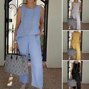 Conjunto de Dos Piezas para <span class=keywords><strong>Mujer</strong></span>, <span class=keywords><strong>Verano</strong></span>, Nuevo, Algodón y Lino, Top sin Mangas, <span class=keywords><strong>Pantalones</strong></span> Anchos Cortos - Product Image 2