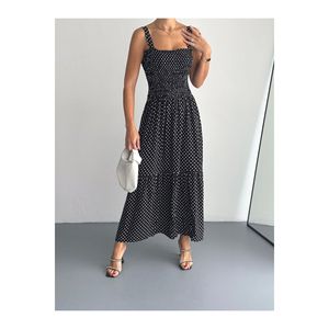 Women's Black Polka Dot Long <b>Dress</b> <b>Elastic</b> Waist Spaghetti Strap Modest Casual Wear - Product Image 5