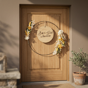 Corona de Boda Rústica de Madera y Metal, Decoración Floral Redonda Hecha a Mano, Adorno Colgante Personalizado con Nombre y Fecha - Product Image 5