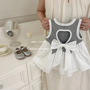 Tongxingyuan Girls Sleeveless Vest Dress Gray White Bow Summer Outfit Breathable Kids Clothing - Product Image 3