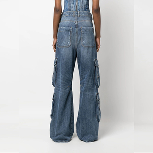 Jeans cargo ample pour femme, coupe bootcut, taille basse, jambes larges, poches, denim respirant, écologique, lavage foncé, décontracté, sexy - Product Image 3