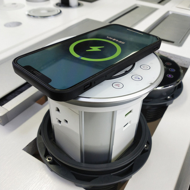 IP65 Waterproof Glass Top 4 Side Smart Wifi Wireless Charging Motorized Pop up US Power Kitchen Worktop Table USB-C Socket