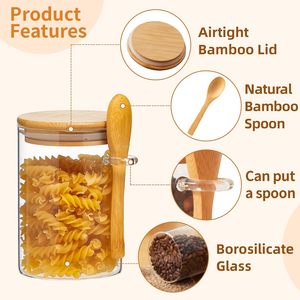 10oz Airtight Glass <b>Jars</b> Bamboo Lids Spoons Modern Detachable Reusable Kitchen Canisters Coffee Sugar Tea <b>Spice</b> Storage Stand - Product Image 4