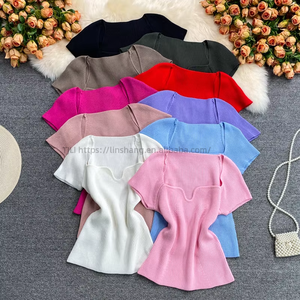 Women's Short Sleeve Square Neck Knit <b>Top</b> Short T-Shirt Fashion - Product Image 1