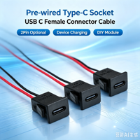 Conector USB-C Hembra con Cables, Tipo C de 2 Pines para Montaje en Panel, Receptáculo Tipo C Precableado LN-068