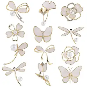 Jachon Flower Pearl Brooch Pin Dragonfly Elegant Exquisite Art Brooch Lapel Pin Bow Butterfly Brooch Corsage Women Safety Pin