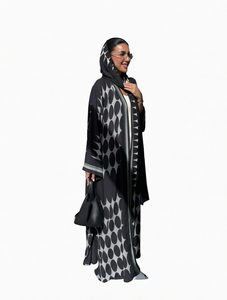 Black <b>White</b> Dot Print Abaya Women Muslim Open Kimono Floor Length Loose Maxi <b>Dress</b> for Eid Ramadan Prayer - Product Image 1