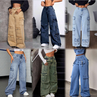 Celana Jeans Wanita High Waisted Distressed Wide Leg Denim Gaya Baggy Cargo Y2K Streetwear Kasual Model Campuran