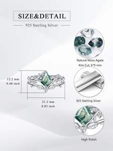 925 ayar gümüş kadın doğal Moss akik yüzük uçurtma kesim yeşil yaprak nişan söz gelin moda yüzükler - Product Image 6