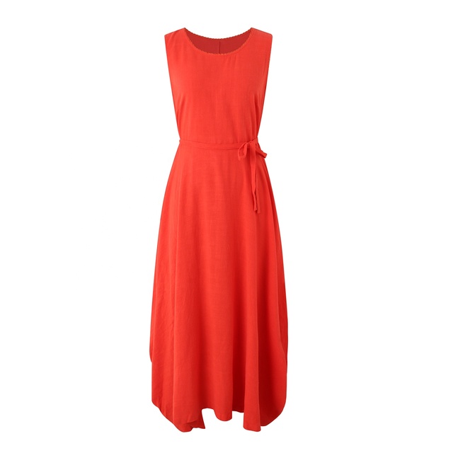 Custom Manufacturer Red Sleeveless Casual Luxury Beach Dress Lady Elegant Twill Tie Waist Midi Shirt Dress for Women 2024 New