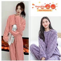Pyjama long en polaire corail thermique pour femme, doublure polaire épaisse, chaud, motif ours mignon, en flanelle