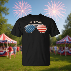 T-shirt Puritan noir pour homme, col rond, manches courtes, design drapeau américain et lunettes de soleil, t-shirt promotionnel - Product Image 3
