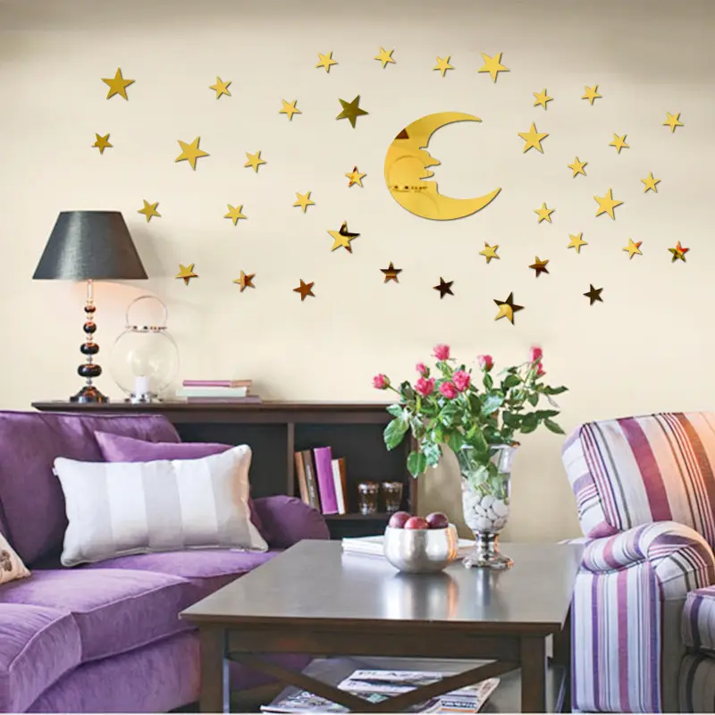 3D DIY star moon Mirror Wall Sticker Home Decoration Mirror Decal For Bedroom Living Room Wall Sticker Wallpaper Mural