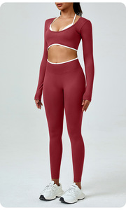Haut de yoga sans coutures à blocs de couleur pour femme, manches longues, dos en U, séchage rapide, en Spandex, pour la course, le fitness et la gym - Product Image 2