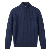 Pull en maille torsadée zippé pour homme, 100% coton épais 220g, style Old Money de luxe, col montant, personnalisé OEM