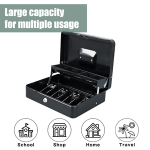 Caisse à monnaie portable en métal avec serrure à clé, coffre-fort à double couche avec plateau à pièces et 2 clés, grande boîte de sécurité pour l'argent à domicile - Product Image 6