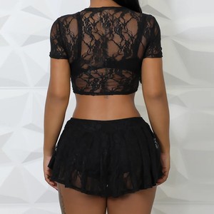 New <b>Lace</b> High <b>Elastic</b> Hollow Out Navel Short Sleeve Short Skirt Pants Women's Sexy 2-piece Set Fashion - Product Image 4