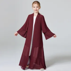 Pringbud Ramadan kebaya迪拜穆斯林女孩两层雪纺开衫abaya实心睡袍连衣裙