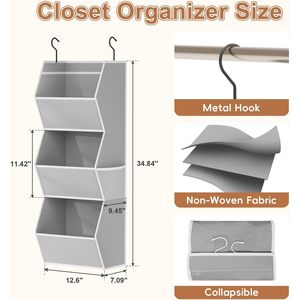 Hanging Closet Organizer 3 <b>Shelf</b> Foldable Fabric Storage For Bedroom Clothes With Mesh Pockets <b>Hook</b> Type Rectangular - Product Image 3