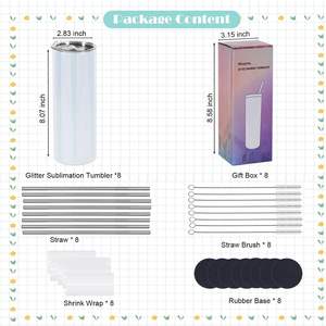 Vasos de sublimación con purpurina recta delgada de 20 oz, paquete de 25 vasos de lujo con brillo individual en blanco - Product Image 5