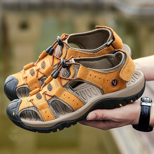 Sandales de trekking décontractées à bout fermé pour hommes, en cuir véritable, antidérapantes, jaune doré, taille 40-48 - Product Image 3