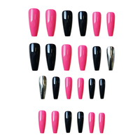 Faux ongles longs forme cercueil noir, rose vif, argenté, à presser, effet miroir brillant, couvrance totale, en acrylique, pour femmes, fournitures pour ongles