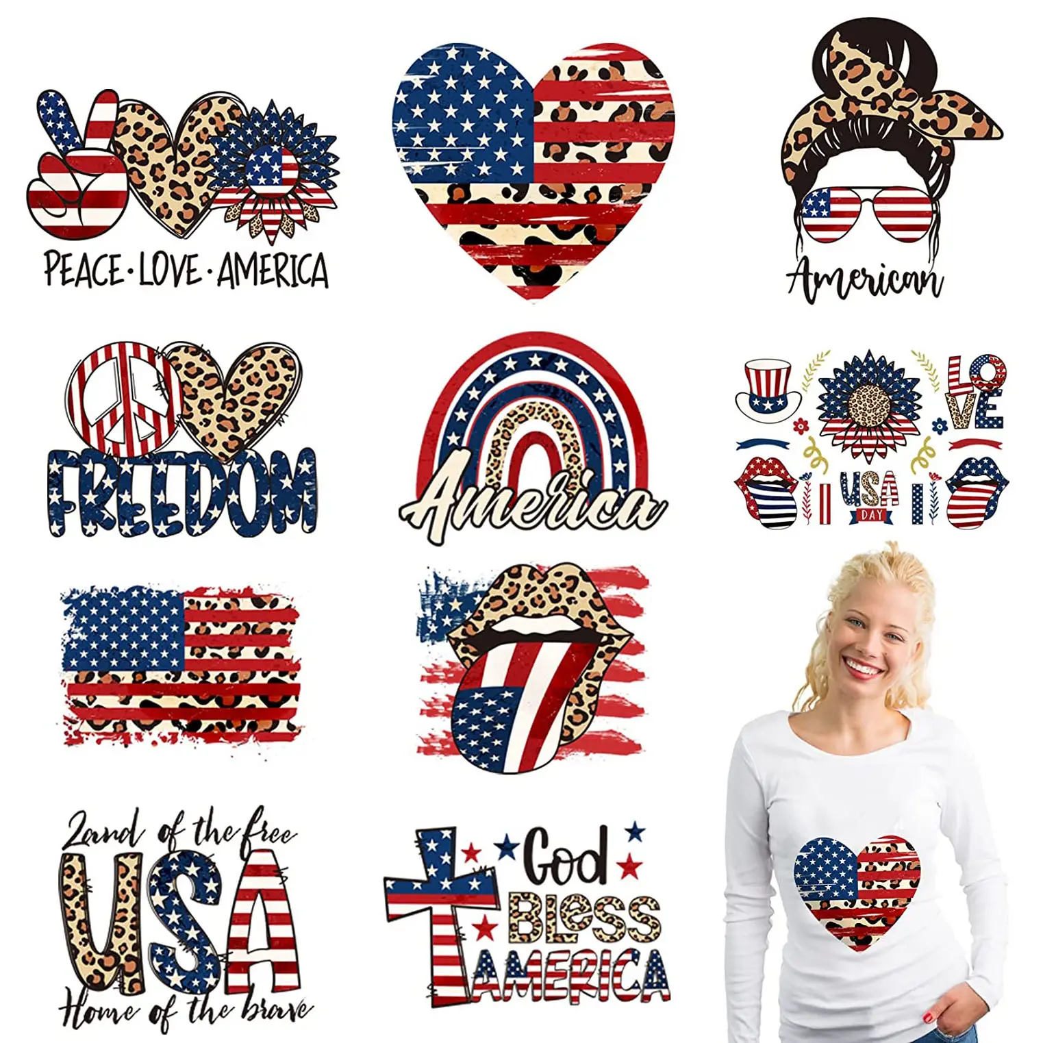 4th of July Patriotic Iron on Stickers Patches Leopard Print USA Flag Heat Transfer Vinyl Decals For Clothing T-Shirt