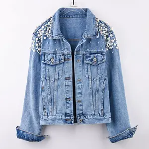 Spring Autumn Women Basic Coats Women Denim Jacket Pearls Beading Fashion Jeans Coat Loose Long Sleeve Jackets