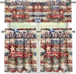 วันประกาศอิสรภาพ อย่าลืมฮีโร่ของเรา ผ้าม่านครัวลายธงชาติอเมริกัน ผ้าม่านหน้าต่างลายดอกไม้ ผ้าม่านสั้นแบบวาลานซ์ 3 ชิ้น - Product Image 3