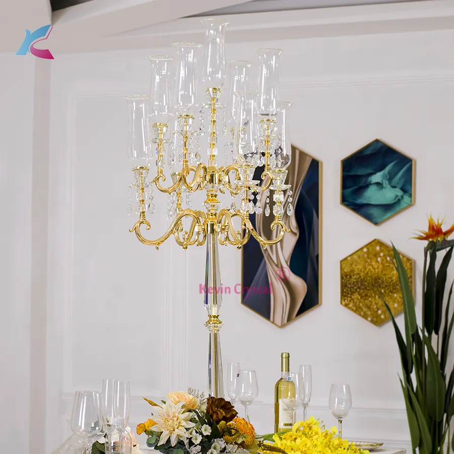 K-1027 9 supports grand cristal de table de mariage pièce maîtresse candélabre en or