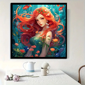 Meilleures ventes de peintures au diamant en cristal Décoration de chambre à coucher facile à coller Belle illustration Sirène aux cheveux rouges Taille 40cm Vente en gros - Product Image 3