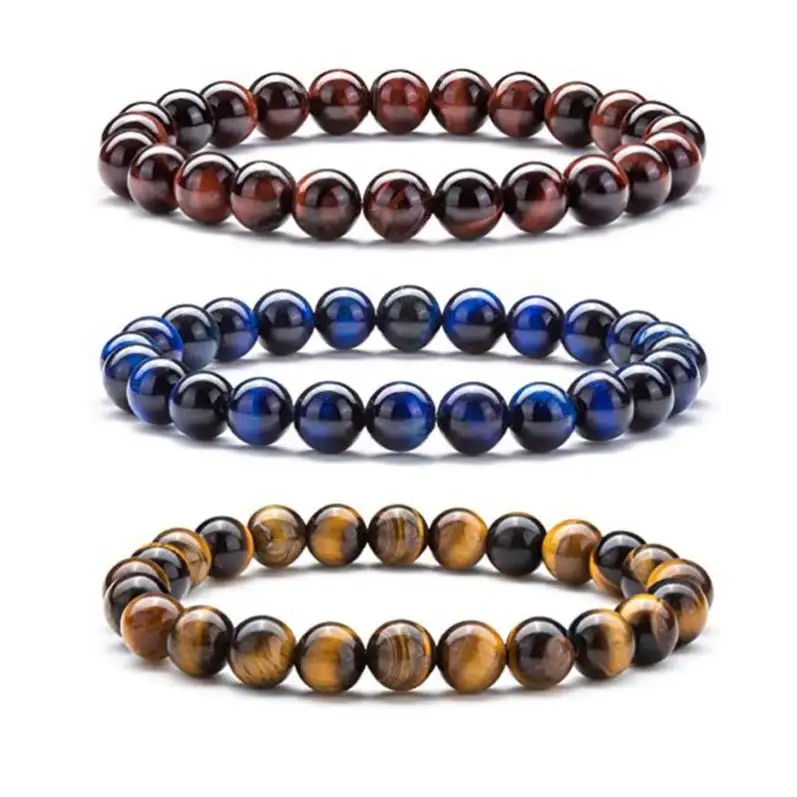 Pulseira de lápis de pedra vermelho para homens e mulheres, 8mm, olhos de tigre azul, contas de lava preta, pedra fosca, ideal para venda