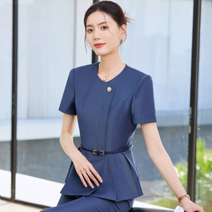 Flight Attendant Professional Suit Blue Peplum Skirt Set Mandarin Collar Office Lady Uniform Anti-Wrinkle Woven Fabric - Product Image 3