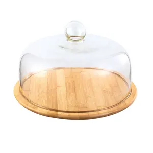 Support à gâteau en bambou avec dôme, support à gâteau en bois avec dôme en verre, plateau de serveur pour la cuisine
