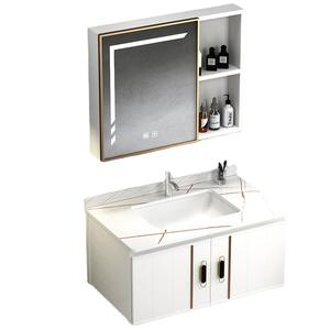 Mueble de baño de aluminio de espacio inteligente Simple y moderno, lavabo de inodoro integrado con tablero de <span class=keywords><strong>roca</strong></span> con <span class=keywords><strong>espejo</strong></span> LED de lavabo de cerámica - Product Image 1