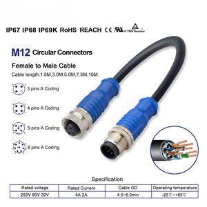 สายเคเบิลเชื่อมต่อแบบวงกลม M12 X-coding ระดับการป้องกัน IP67 IP68 IP69 แบบ 3 พิน 4 พิน 5 พิน 8 พิน ตัวเมียต่อตัวผู้ สายเคเบิล M12 สำหรับเลนส์ ความยาว 1.5 ม. 5 ม. 7.5 ม. 10 ม. - Product Image 1