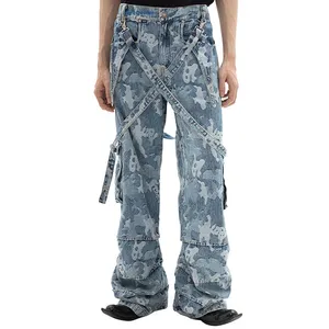 Neuer Stil Herren gerader Denim Cargo-Hose Biker Jeans Herren beutelhohe lockere blaue Jeans mit Seitentaschen Jeans Herren