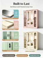 Armoire de chambre à coucher moderne en métal avec portes miroir, étagères et tiroirs